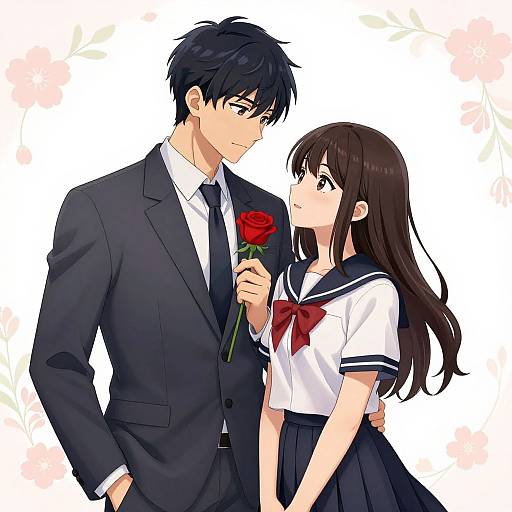 Anime-style drawing of a tall, black-haired man in a suit holding a red rose, gazing at a brown-haired girl in a sailor uniform.