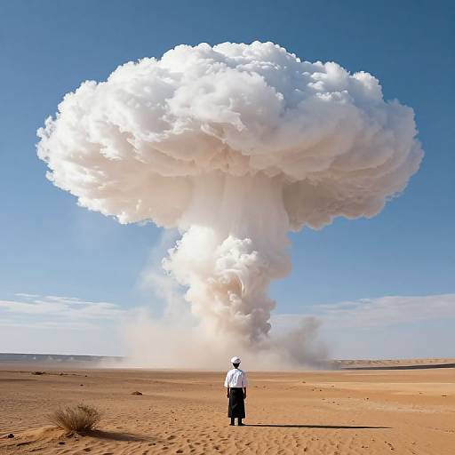 Photograph of a man in white shirt and black pants standing in desert, facing giant, billowing white cloud of smoke. Clear blue sky above.