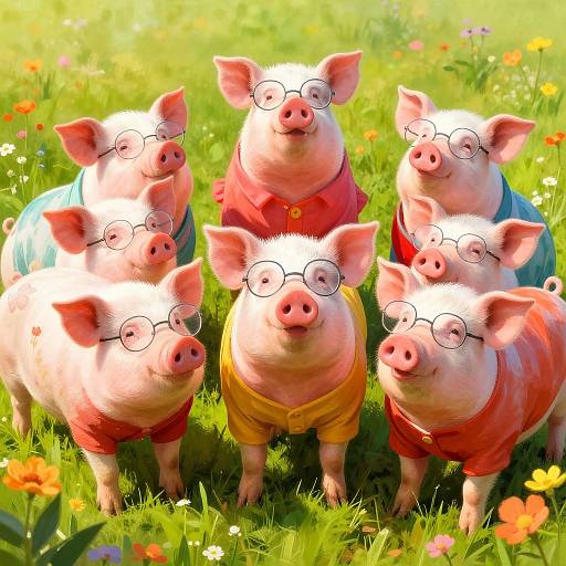 Photograph of seven anthropomorphic pink pigs wearing glasses and colorful shirts, standing in a sunny, flower-filled meadow.