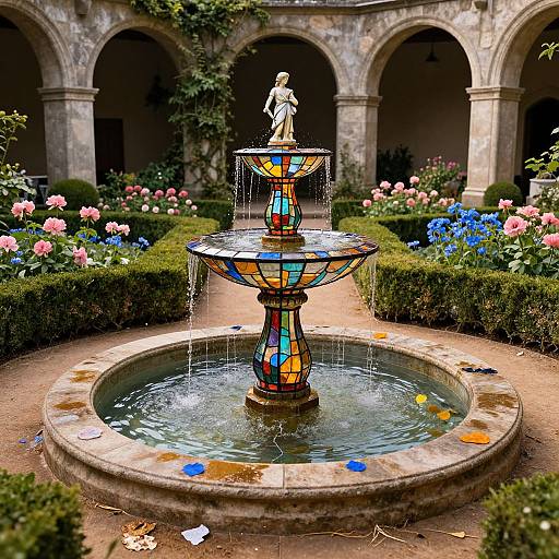 Photograph of a colorful, stained-glass fountain with a statue at its center, surrounded by blooming flowers and an arched stone courtyard.