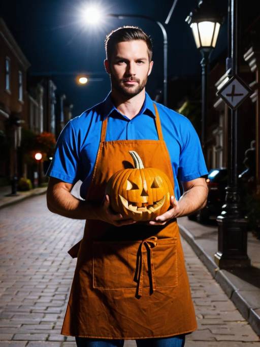 Man Holding Carved Pumpkin on Street at Night