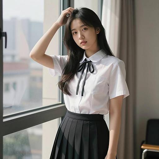 Asian Woman in School Uniform by Window