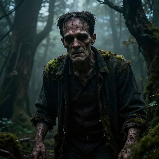 Photograph of a grimy, disheveled man with wild hair and moss-covered clothing, standing in a dark, misty forest. He has