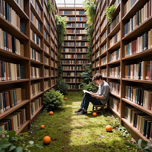 Photograph of a young man with curly brown hair, wearing a gray shirt and black pants, sitting on a bench amidst a grassy library aisle,