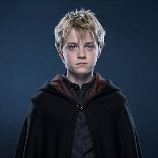 Young Boy in Dark Cloak with Serious Expression