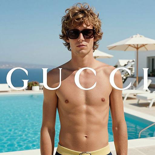 Photograph of a shirtless, curly-haired young man with sunglasses, wearing yellow swim trunks, standing by a clear blue pool with 