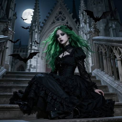 Gothic woman with long green hair in black lace dress sits on gothic cathedral stairs, surrounded by flying bats under full moon. Digital artwork.