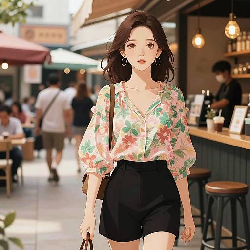 Digital anime-style illustration of a young Asian woman with shoulder-length black hair, wearing a floral blouse and black shorts, walking in a sunlit, bustling