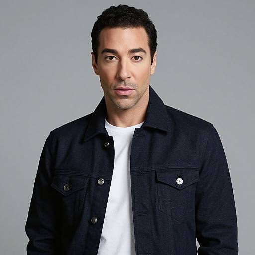 Photograph of a young man with short, curly black hair, light brown skin, and a serious expression. He wears a black denim jacket over a