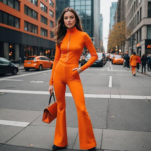 Woman in Electric Orange Flared Leggings Outfit on City Street
