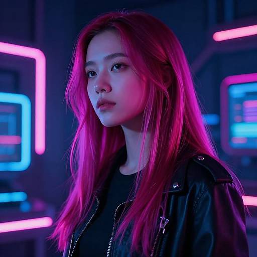 Photograph of an Asian woman with long pink hair, wearing a black leather jacket, illuminated by neon blue and pink lights.