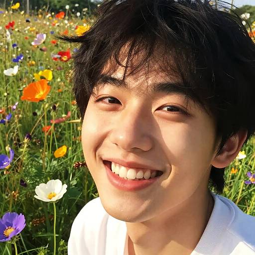 Close-up photograph of a smiling young Asian man with short black hair, wearing a white shirt, standing in a vibrant wildflower meadow with colorful flowers