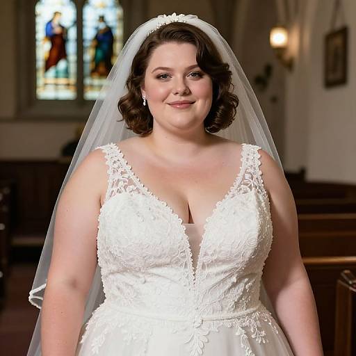Photograph of a smiling, plus-size, fair-skinned bride with curly brown hair, wearing a white lace wedding dress and veil, in a dim