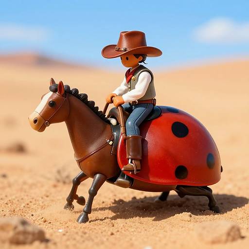 Photograph of a LEGO cowboy with a brown hat riding a brown horse with a red ladybug shell in a desert.