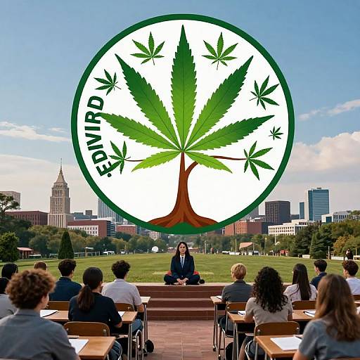 Photograph of a classroom with students facing a woman speaking, overlaid with a green marijuana leaf logo and 