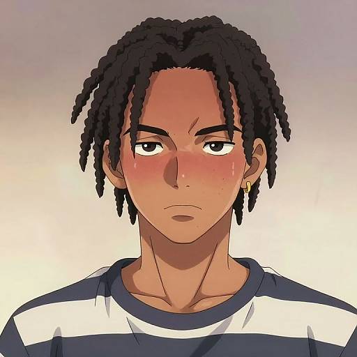 Digital anime-style portrait of a young Black man with dark brown skin, short dreadlocks, and a serious expression. He wears a blue and white striped