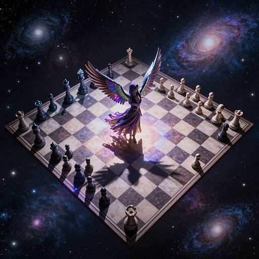 Digital art of a winged, dark-hued figure with glowing sword at chessboard center, surrounded by black and white chess pieces, in a cosmic