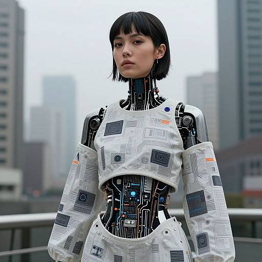 Photograph of an Asian woman with short black hair wearing a futuristic, white, geometric-patterned cybernetic outfit against a cityscape background.