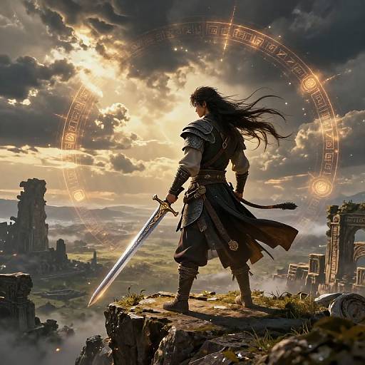 Digital fantasy artwork: Muscular warrior with long black hair and sword stands on a rocky cliff, facing a sunlit, cloudy sky with a glowing,