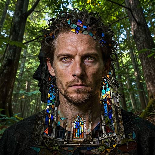 Photograph of a rugged, bearded man with curly hair, wearing a stained glass headdress and necklace, set in a dense, sunlit forest