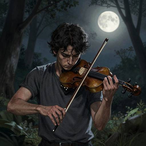 Melancholic Violinist in Moonlit Forest