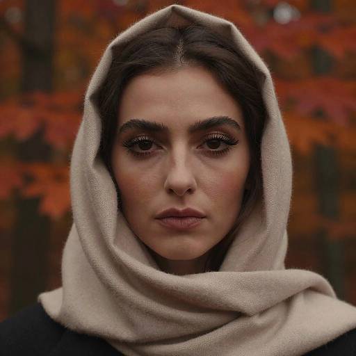 Photograph of a serious-faced woman with dark brown hair, wearing a beige scarf over her head, set against a blurred autumn forest background with vibrant red