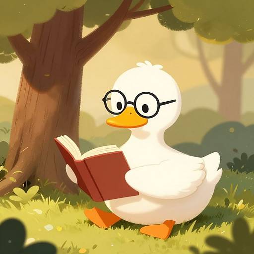 Cartoon white duck with round glasses reads a red book under a tree in a sunny, vibrant forest clearing.