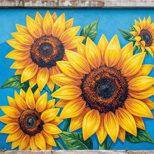 Vibrant mural of three large, detailed sunflowers with bright yellow petals and dark brown centers, set against a vivid blue background.