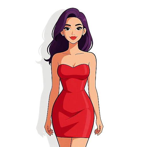 Digital illustration of a confident, smiling woman with long purple hair, wearing a strapless, form-fitting red dress, against a white background.