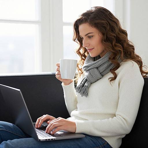 Photograph of a smiling woman with wavy brown hair, wearing a white sweater and gray scarf, typing on a laptop while holding a white mug,