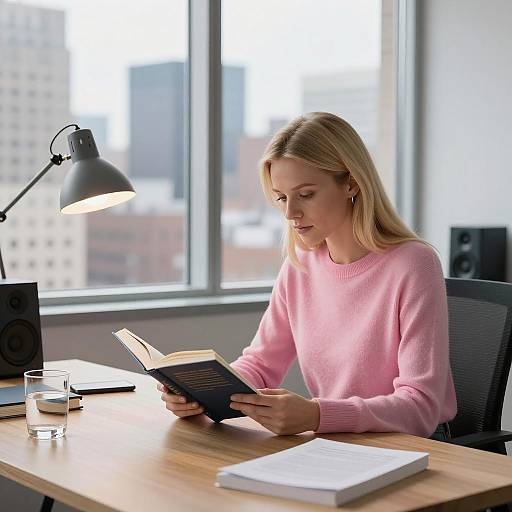 Blonde Woman Reading in Modern Office
