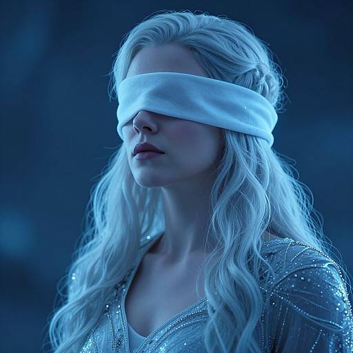 Photograph of a blindfolded blonde woman with wavy hair, wearing a sparkly blue dress, against a dark blue background.