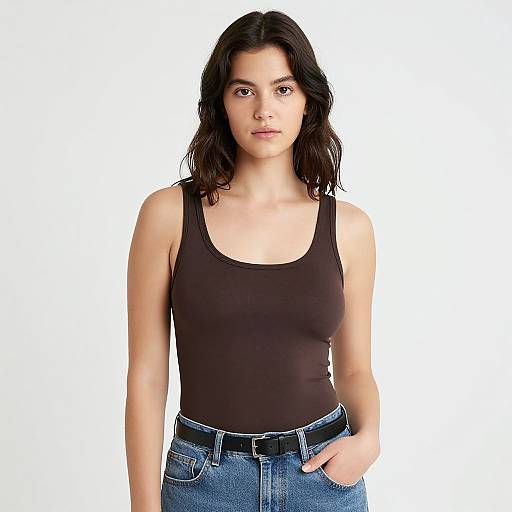 Photograph of a young woman with medium-length, wavy black hair, wearing a black tank top and blue jeans, standing against a white background,
