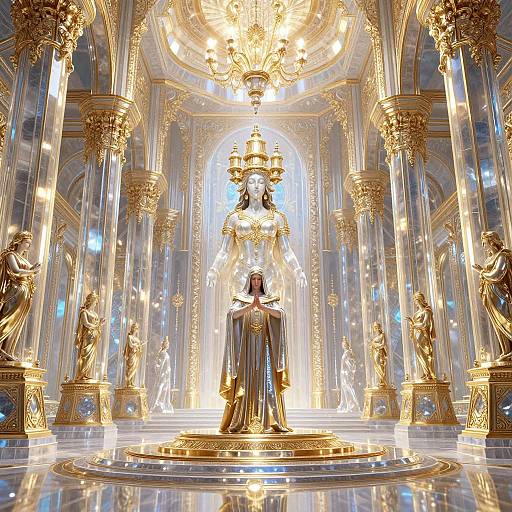 Photograph of a grand, opulent golden interior with ornate columns, statues, and a central illuminated figure in regal attire. Luxurious ch