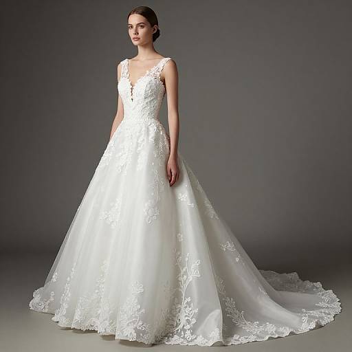 Photograph of a fair-skinned woman with dark brown hair in a white, lace-embellished, sleeveless wedding gown with a V-neck