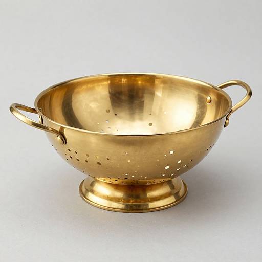 Photograph of a shiny, gold-colored, perforated metal colander with two handles, standing on a white background.