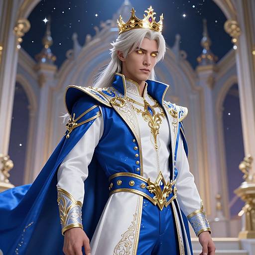 Digital artwork of a white-haired king in a gold crown, blue and white ornate royal attire, standing in a grand, starlit cathedral.