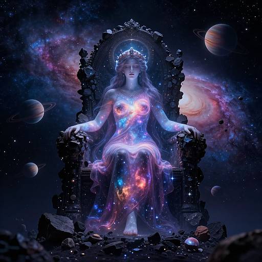 Digital art of a celestial queen with glowing blue and pink aura, sitting on a dark throne amidst a galaxy with planets. Ethereal, luminous dress