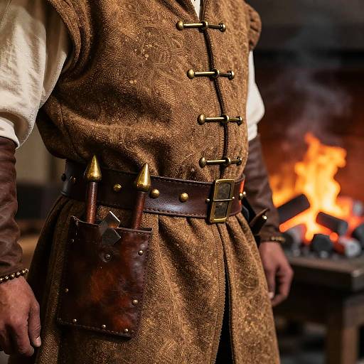 Close-up photograph of a medieval warrior's waist, wearing a brown, patterned, buttoned vest with brass studs, leather belt, and sheathed