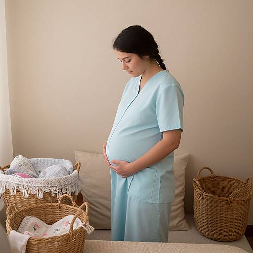 Photograph of a pregnant woman in light blue medical scrubs, standing beside wicker baskets and cushions, gently touching her belly.