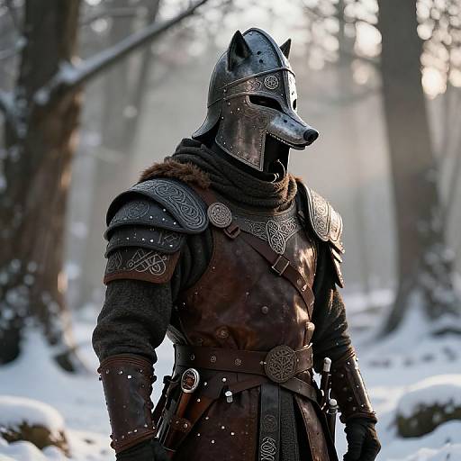Photorealistic CGI of a medieval wolf-headed knight in detailed armor, standing in a snowy forest, sunlight filtering through trees.