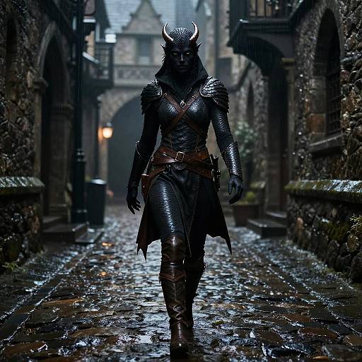 Photorealistic CGI: Dark armored demon warrior with horns walks through a rainy, cobblestone medieval alleyway, illuminated by distant lanterns.