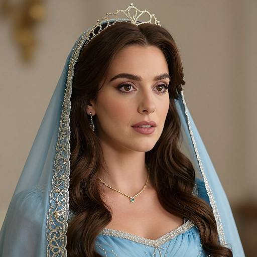 Photograph of a beautiful woman with long dark brown hair, wearing a light blue veil with gold trim, a silver tiara, and a matching blue
