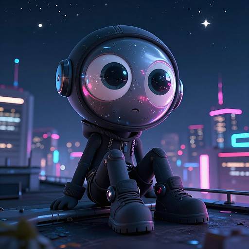 Digital artwork of a wide-eyed, robotic, child-like figure with large reflective eyes, sitting on a rooftop at night, surrounded by neon-lit city