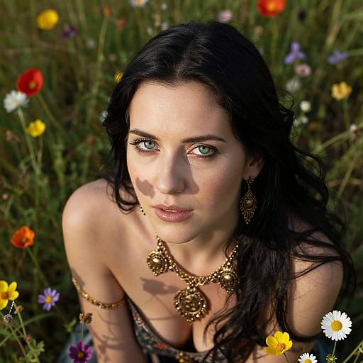 Photograph of a fair-skinned woman with black hair, blue eyes, and gold jewelry, kneeling in a sunlit meadow of colorful wildflowers