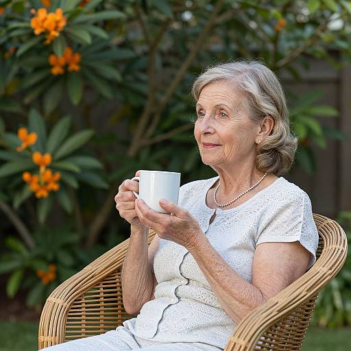 Photograph of an elderly woman with gray hair, wearing a white dress, holding a white mug, seated in a wicker chair, against a garden