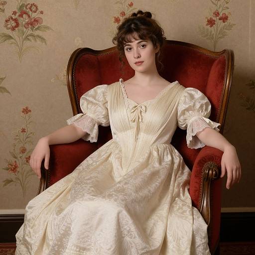 Victorian woman in cream satin dress with puffed sleeves, sitting in red velvet armchair, floral wallpaper background, 19th-century photograph style.