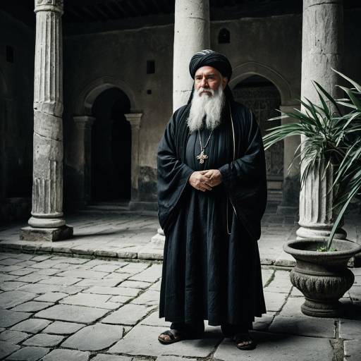 Elderly Man in Traditional Robe in Ancient Courtyard