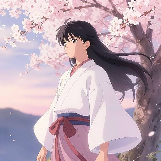 Serene Anime Warrior Under Cherry Blossoms