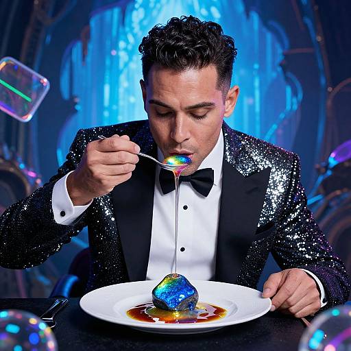 Photograph of a man in a sparkling black tuxedo, black bowtie, eating a colorful, iridescent sphere with a spoon, surrounded